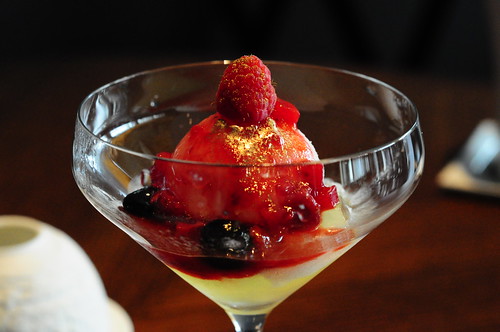 Crystal Champagne - Jello with Champagne Sorbet, Raspberry Coulis & Gold Dust
