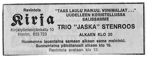 An ad for my dad's gig, in an old Finnish paper