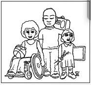 line drawing, one person in wheelchair with a basketball, one standing with a boom box, one standing holding art gear