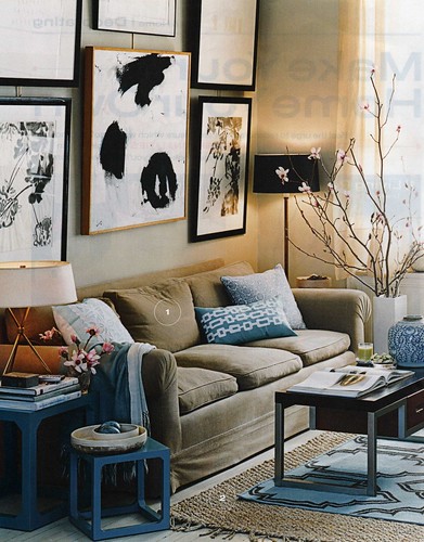 Gorgeous blue & brown living room: Luxe fabrics + modern artwork, from InStyle magazine by xJavierx