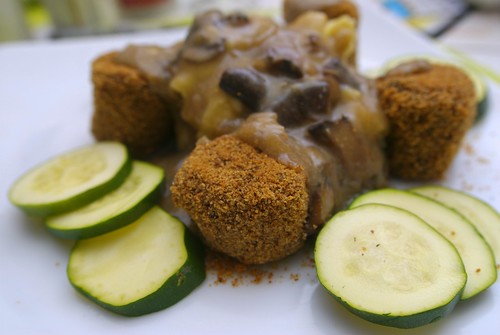 black-eyed pea and quinoa croquettes with mushroom sauce