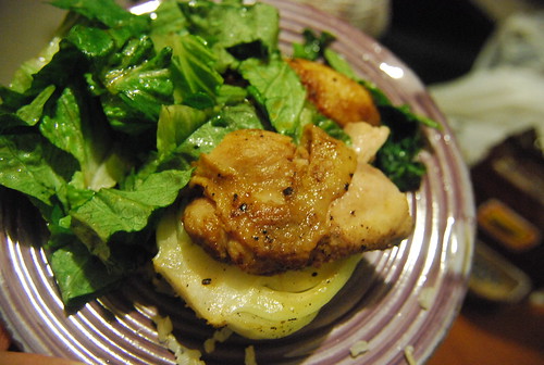 Chicken thigh, braised bok choy, salad