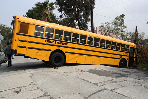 school bus stop. this school bus stuck at