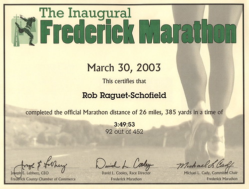 Frederick Marathon finisher certificate