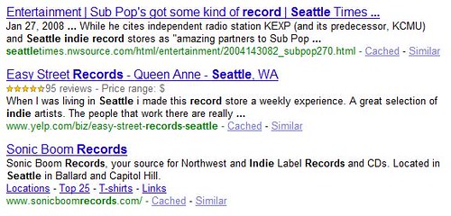 Seattle Indie Music Shops Listings in SERP