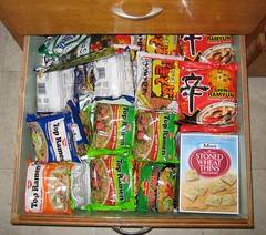 A drawer packed with Top Ramen.