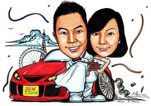 Couple wedding caricatures Mazda 3 London Eye Eiffel Tower
