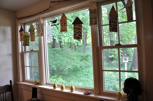 Hanging "bird" houses window treatment