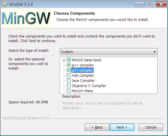 Select the MinGW components to install