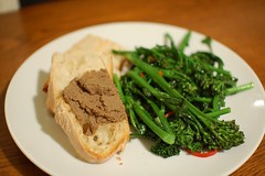 Dinner: Sprouted Broccoli, home baked bread and vegan pate