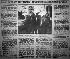Prevo gave OK for devils appearing at apartheid protest: continuation of Anchorage Daily News story on October 8, 1985