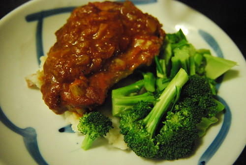 BBQ pork chop, broccoli, mashed potatoes