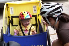 Catie going for a ride in the bike trailer
