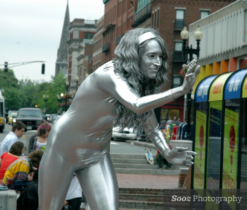 Silver performance artist in Harvard Square