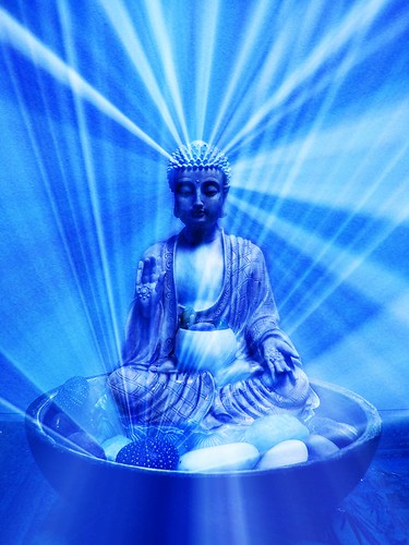 Blue Buddha, in the Abhaya Mudra, bowl, rocks, sea urchin, Nelson, New Zealand