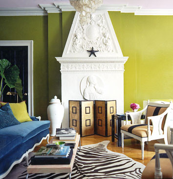 Bright, modern living room: Acid green + white + brown + blue: 'Oregano' by Benjamin Moore by xJavierx