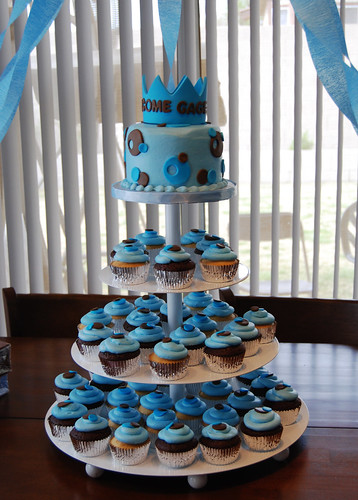 blue and brown prince baby shower cupcake tower