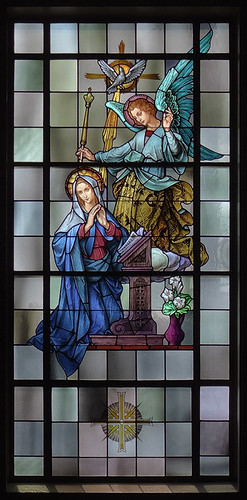 Mary Queen of Peace Roman Catholic Church, in Webster Groves, Missouri, USA - stained glass window of Annunciation 2