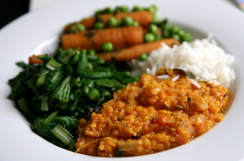 Red Lentil Dal with Greens, Carrots, Peas and Basmati Rice