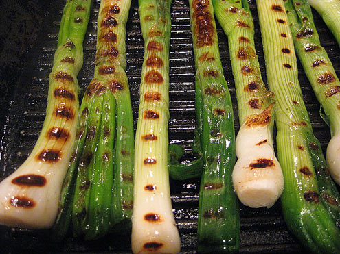 Griddled spring onions with harissa