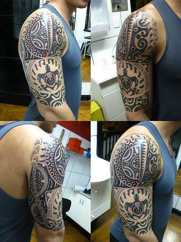Tattoo sleeve design with traditional Polynesian style turtle image Turtles