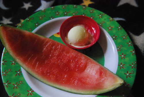Watermelon and gross frozen/thawed hard-boiled egg