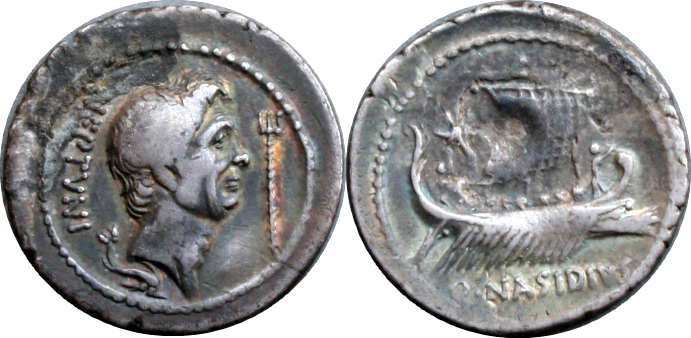 483-02-9729-34-Q.NASIDIVS Pompey Sextus Pompeius Galley under sail Denarius