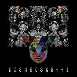 the cover of Bachelorette's new album. it is black with white illustrations of flowers and a woman's face. there are rainbow-colored triangles throughout.