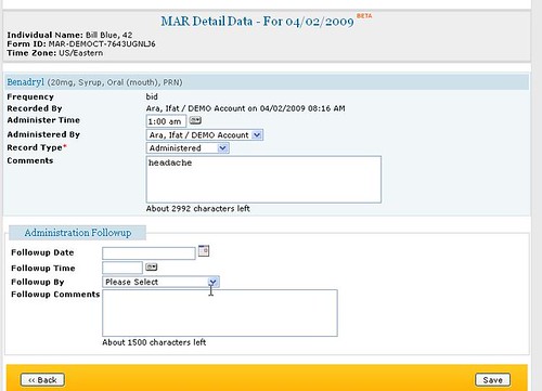 Screenshot of MAR Data page with administration followup section.