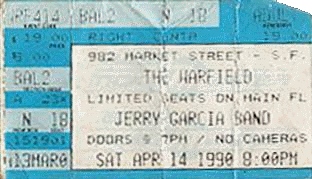 Jerry Garcia Band wrinkled ticket for 4/14/90 Warfield Theatre, San Francisco [borrowed from www.psilo.com]