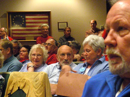 Arliss Sturgulewski, Vic Fischer, Jane Angvik, and Chuck OConnell (in foreground) at the June 9, 2009 Anchorage Assembly hearing. All four testified that night in support of the ordinance.