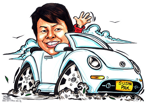 lady caricature on white convertible Volkswagen Beetle