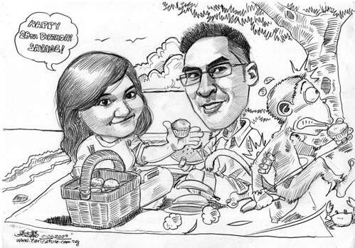 Couple anniversary caricatures picnic at the beach