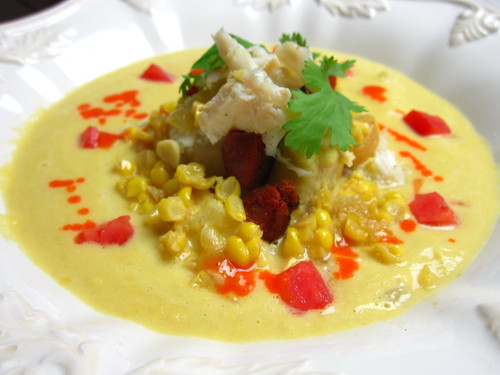 creamy corn and crab soup with chile emulsion