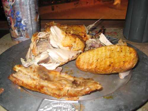 roast chicken, one spare rib, and a potato