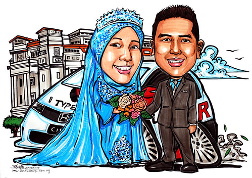 Malay wedding couple caricatures at Fullerton Hotel Honda Civic