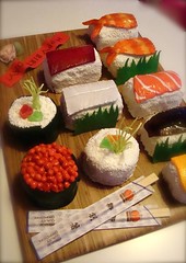 sushi  cakes tray with "grass" by debbiedoescakes
