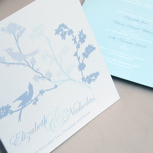 Lovebirds blue wedding invitation from mini Moko, Blue lovebirds Wedding invitation idea, wedding invitation sample, wedding invitation, flowers, photos