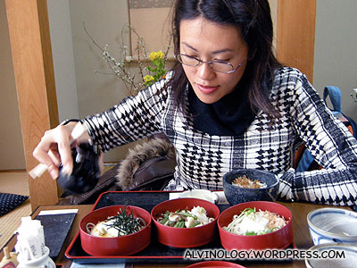 Rachels lunch: a serving of three different types of soba (buckwheat noodle)