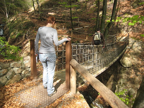  Eine Hängebrücke führt über ein Bächlein durch den Wald entlang des Höfeweges in Völs am Schlern - interessant auch für Kinder