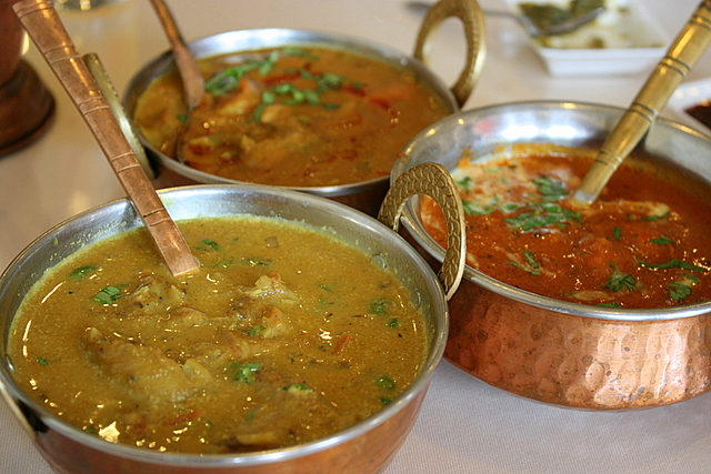 Three types of curry - fish, veg and butter chicken