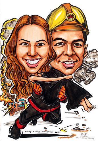 couple caricatures firefighter hero