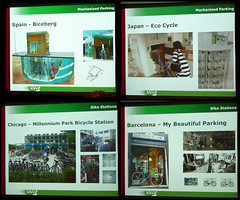 Richard Campbell's presentation slides at the Vancouver Museum showing Biceberg, Eco Cycle, Millennium Park Bicycle Station, and My Beautiful Parking