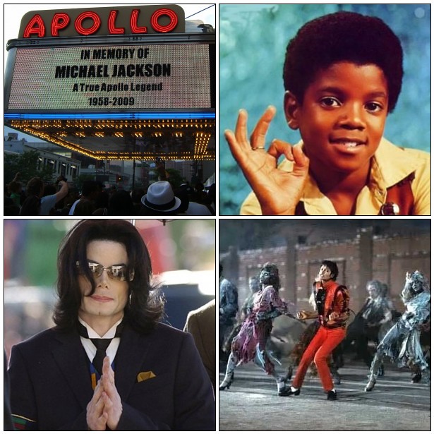 Photos:

Top left:   Mine, taken in Harlem at the Apollo Theater, June 28, 2009. On Tuesday, June 30th, mourners were allowed in the Apollo Theater - 600 at a time - to pay their respects and lay flowers on the stage where Jackson first performed as a member of the Jackson 5 in 1967.

The rest off the internet as follows:

Top right:   With his life before him, an amazing young talent, leading the Jackson 5 to the top of the charts, but losing his chance to be a child and fighting off the effects of an abusive father.

Bottom right:   At his peak in a scene from "Thriller" (what great music, choreography and a fantastic, revolutionary video). Probably the most talented - and definitely the world's most popular - pop star. He completed "Thriller" at the age of 24.

Bottom left:   An adult dealing with mental and physical health issues, legal and financial problems, and working on a comeback tour. I think his demeanor reflected a difficult life. Nonetheless, he truly loved his fans, as he reminded us in his last press conference.

Rest in Peace, Michael.

(Helped with this by fd's Flickr Toys)

link to THRILLER:

www.youtube.com/watch?v=AtyJbIOZjS8 By Tony the Misfit