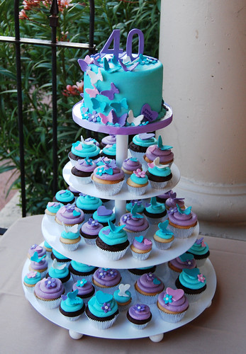 40th birthday purple turquoise and pink butterfly and hearts cupcake tower