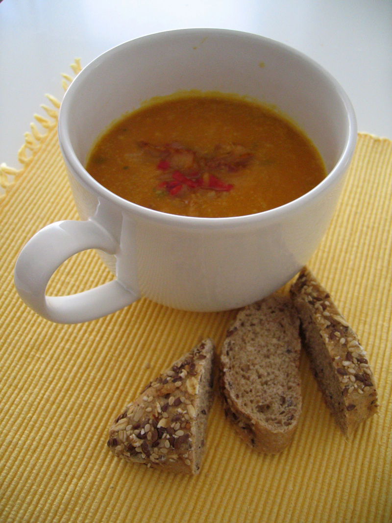 Dal & Pumpkin Soup with Spicy Onion Topping