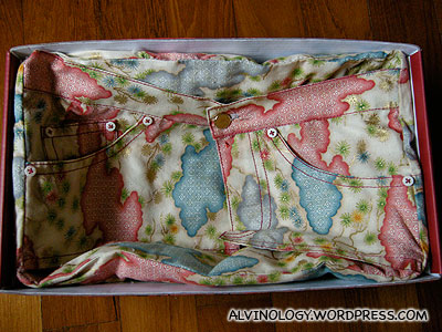 Close-up of the kimono cloth bag, shaped like a pair of jeans