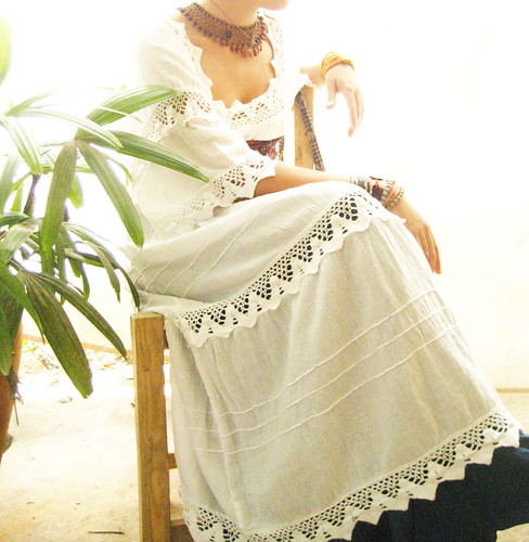70s Romantic Boho Mexican Wedding Maxi dress handmade vtg crochet LACE