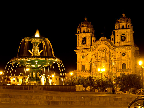 Cusco cuzco peru plaza night fountain
