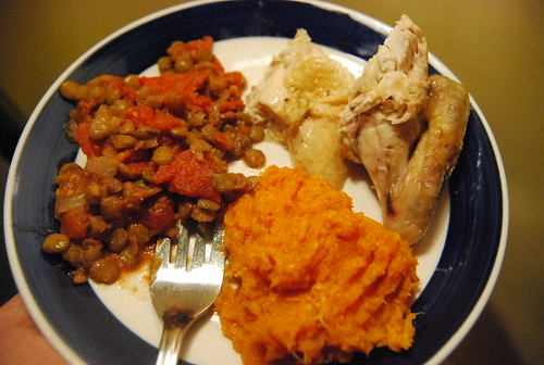 Lentils and tomatoes, roast chicken, mashed sweet potato